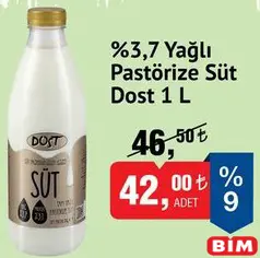 DOST %3,7 YAĞLI PASTÖRİZE SÜT 1 L fiyat ve kampanya bilgisi